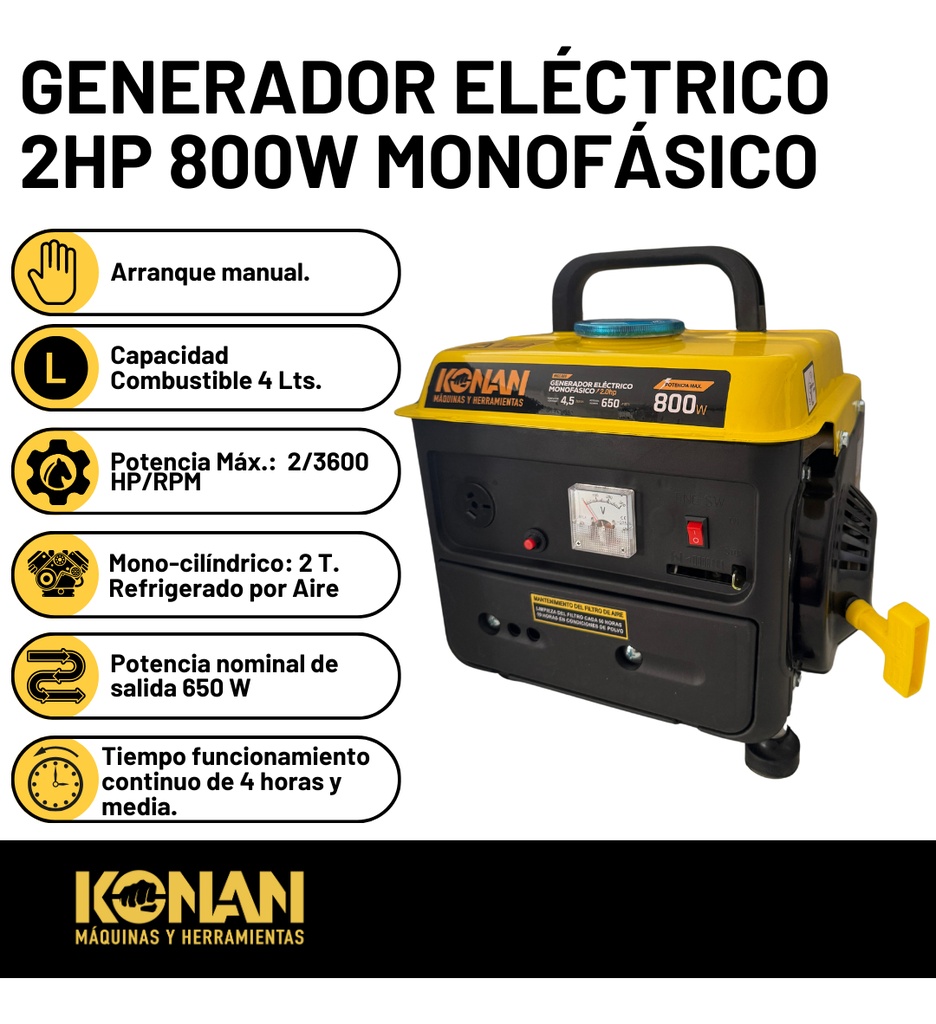 Generador Portatil Grupo Electrogeno Konan 800w 2hp 2t 220v