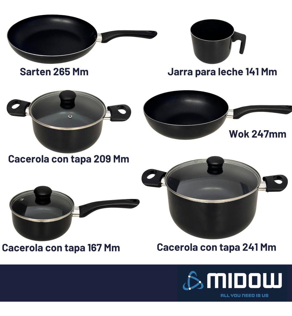 Bateria De Cocina 9 Piezas Midow Set Ollas Sarten Wok Teflon
