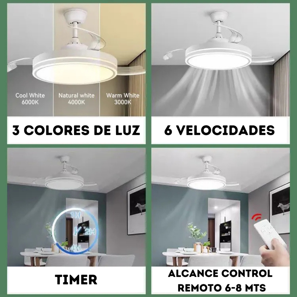 Ventilador De Techo Kanji Retráctil Blanco 4 Aspas 6 Velocid