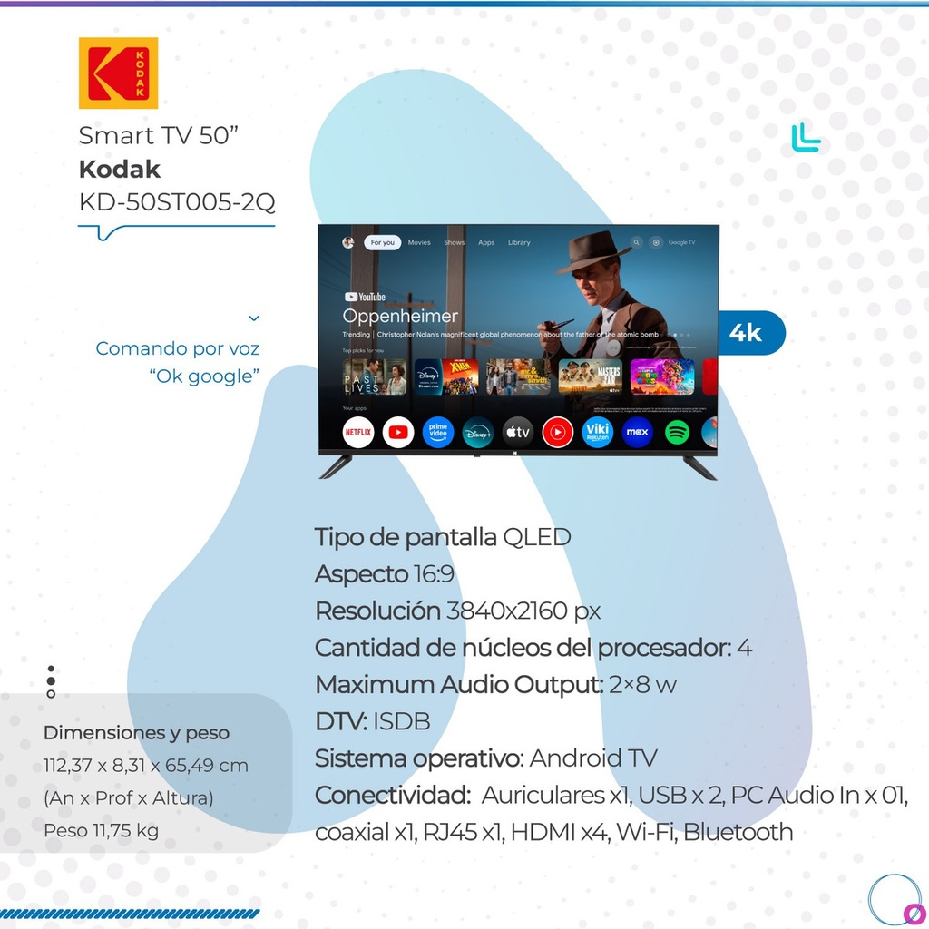 Smart Tv Kodak 50 Pulgadas Qled 4k Uhd Google Tv Kd-50st005