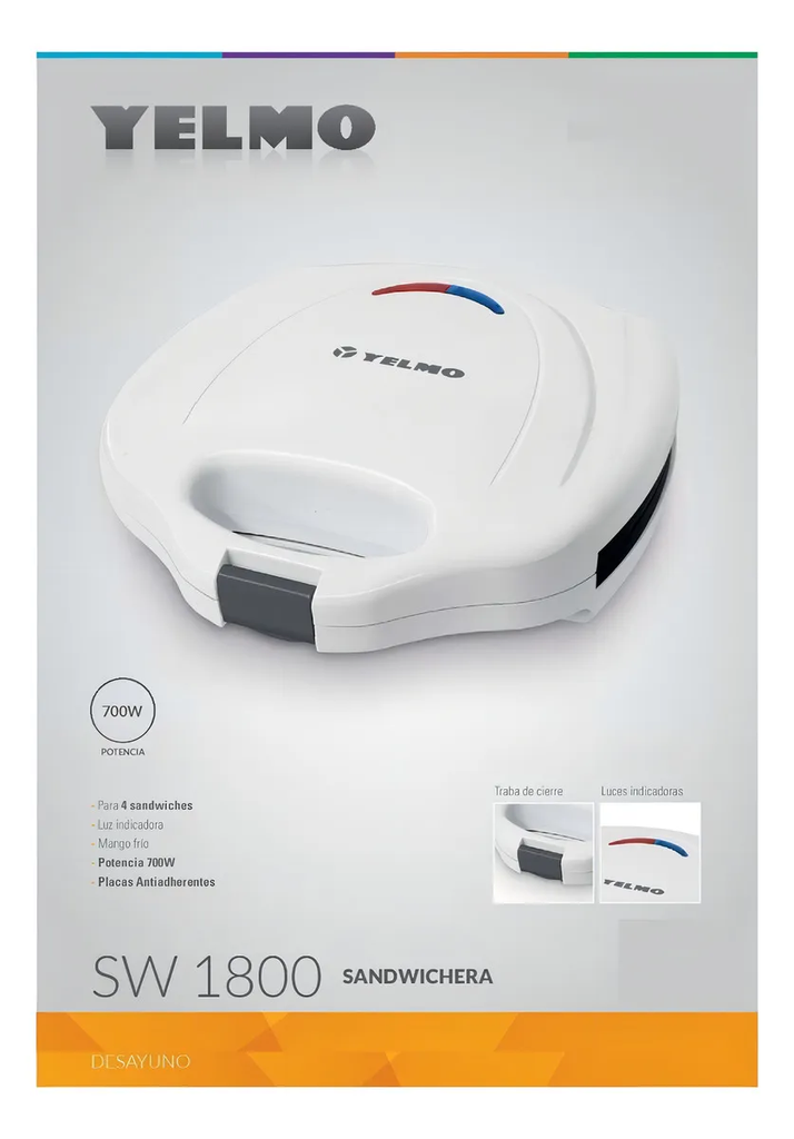 Sandwichera Yelmo SW1800 4 Porciones 700 Watts Antiadherente