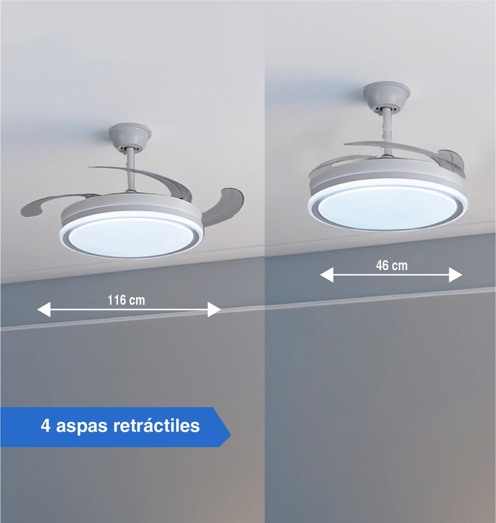 Ventilador De Techo Kanji Retráctil Blanco 4 Aspas 6 Velocid