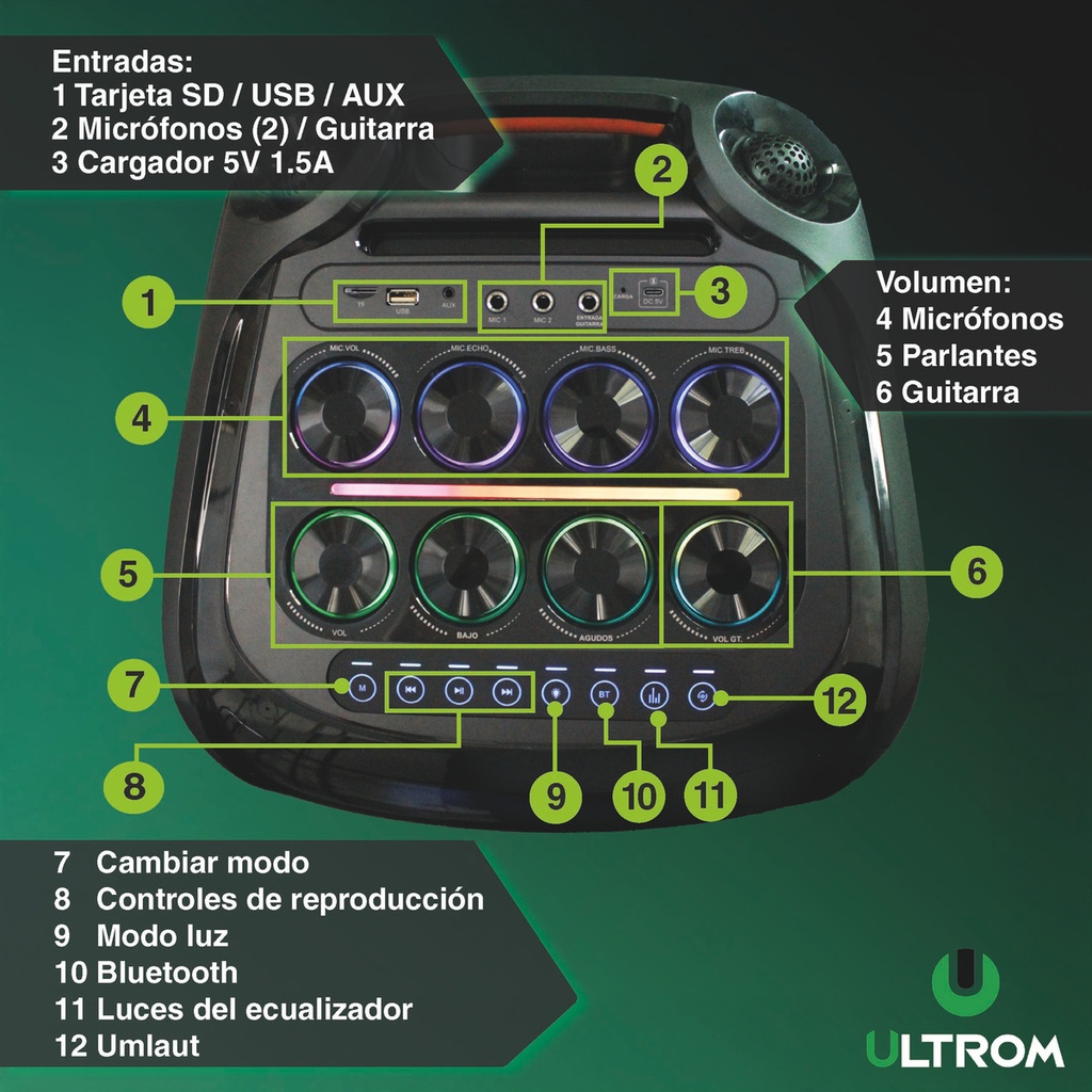 Torre De Sonido Parlante Ultrom Rio 18000w Luces Led 2 X 12 Negro 