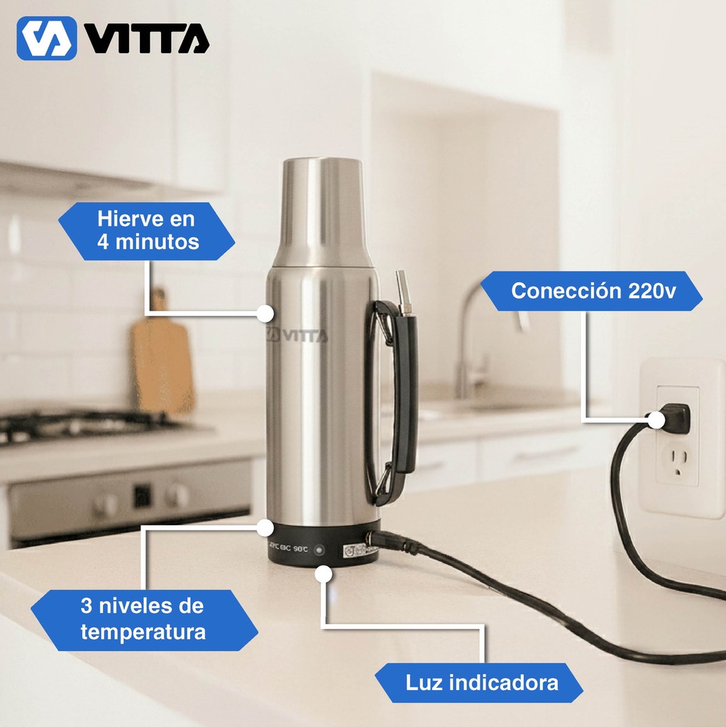 Termo Eléctrico Vitta 1 Litro 2 En 1 Mate Y Bombilla Acero 