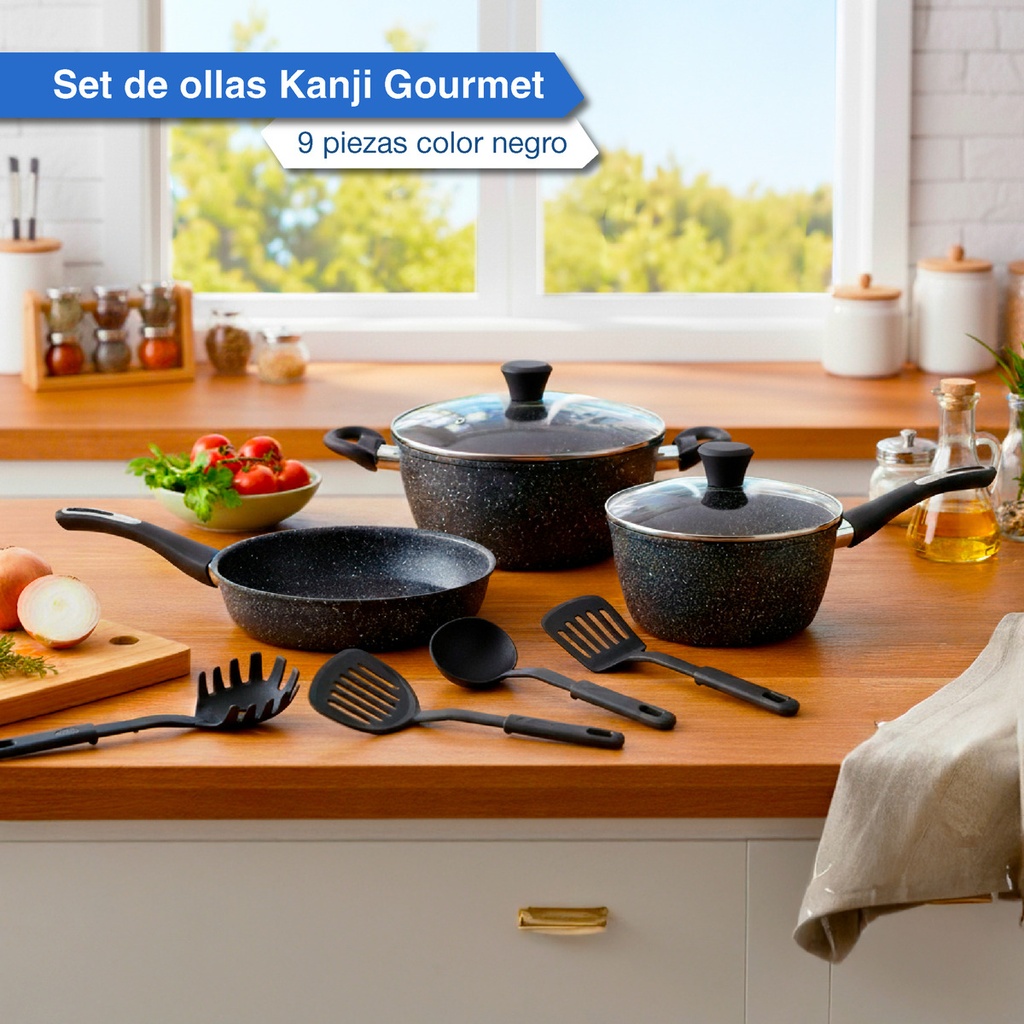 Bateria De Cocina Kanji Gourmet 9 Piezas Antiadherente Mármol Negro 
