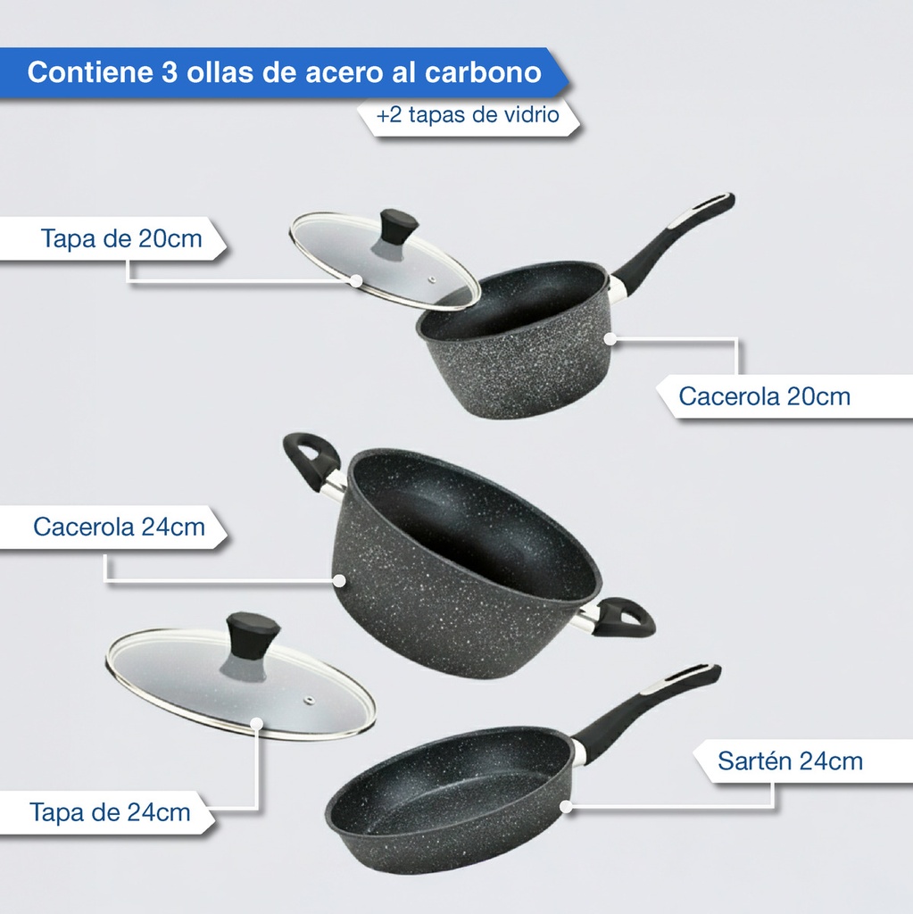 Bateria De Cocina Kanji Gourmet 9 Piezas Antiadherente Mármol Negro 