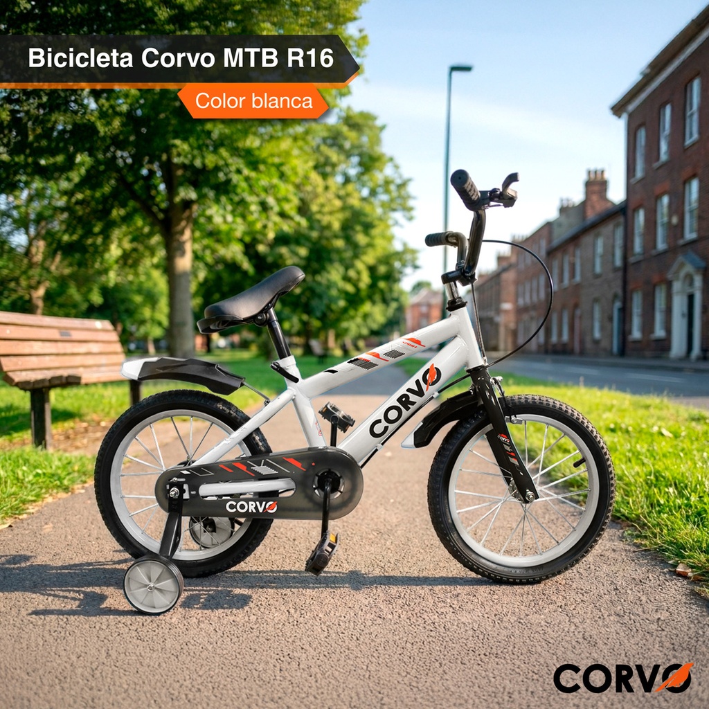 Bicicleta Infantil Corvo Rodado 16 de Acero color Blanco C/ Rueditas 