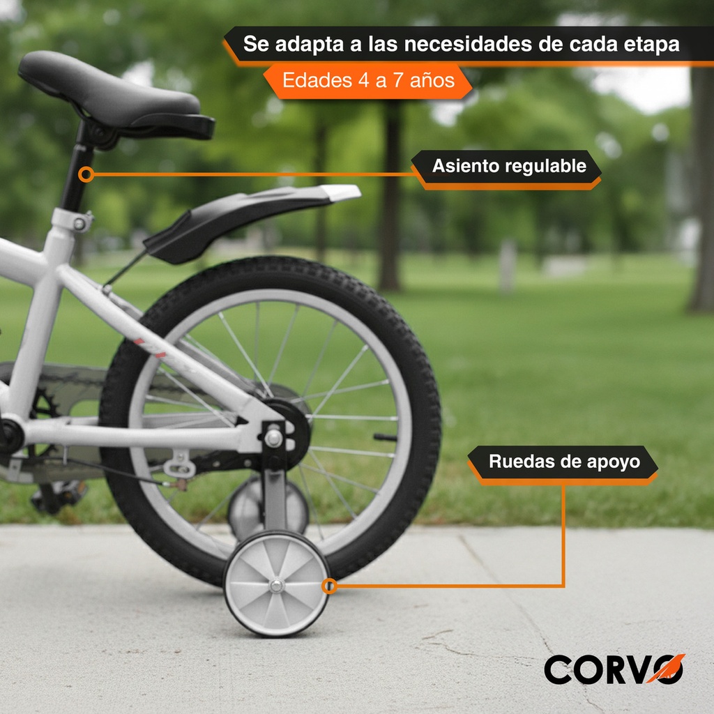 Bicicleta Infantil Corvo Rodado 16 de Acero color Blanco C/ Rueditas 