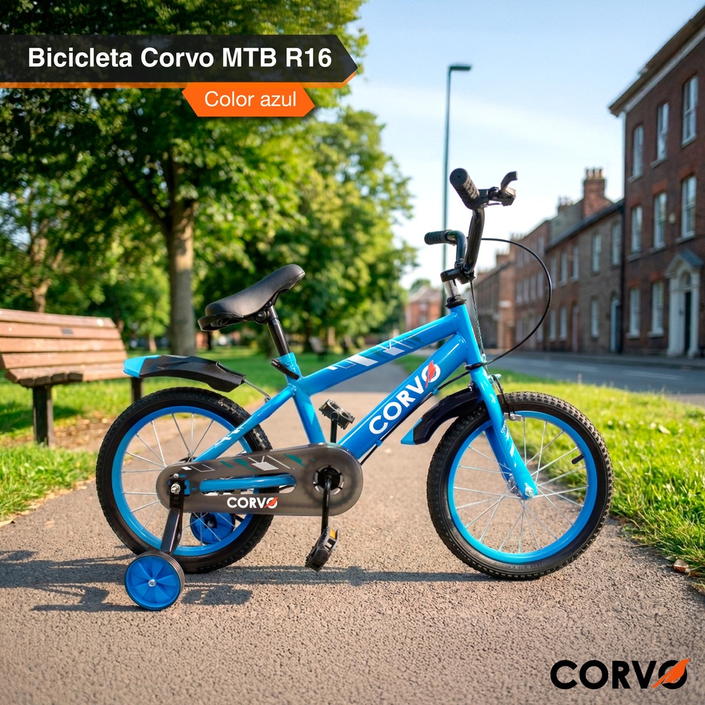 Bicicleta Infantil Corvo Rodado 16 de Acero color Celeste C/ Rueditas