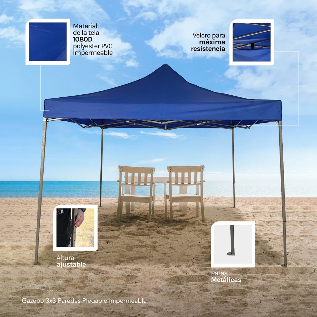 Gazebo Reforzado 3x3 Mts Plegable Autoarmable Microsonic color Azul 