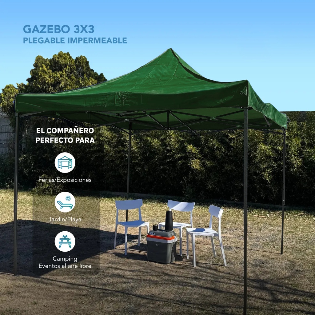 Gazebo Reforzado 3x3 Mts Plegable Autoarmable Microsonic color Verde 