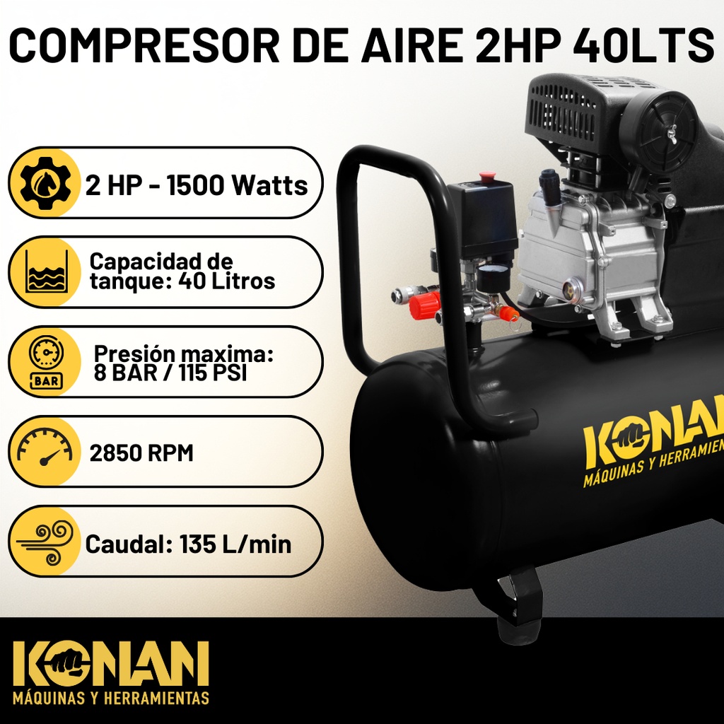 Compresor De Aire Con Kit Konan 40 Lts 2hp 8 Bar 135 L/min Negro 50 Hz Monofásica 
