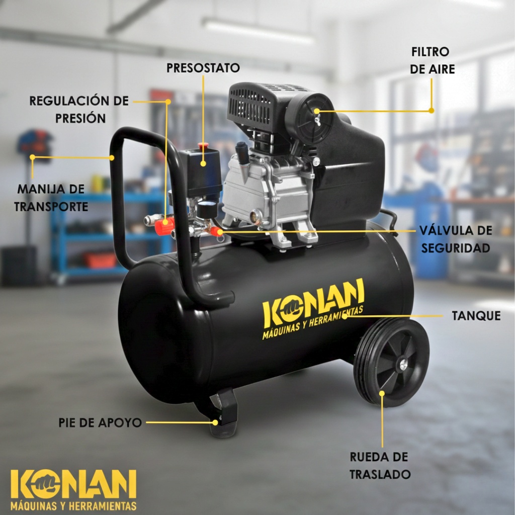 Compresor De Aire Con Kit Konan 40 Lts 2hp 8 Bar 135 L/min Negro 50 Hz Monofásica 