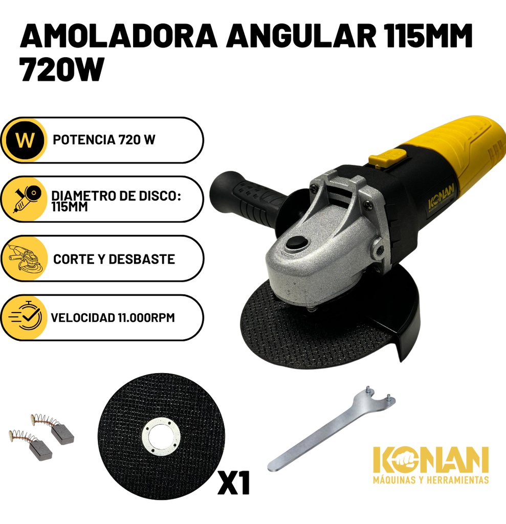 Amoladora Angular Konan 115mm 720w Corte Y Desbaste Eléctrica 