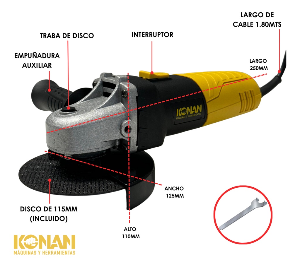Amoladora Angular Konan 115mm 720w Corte Y Desbaste Eléctrica 