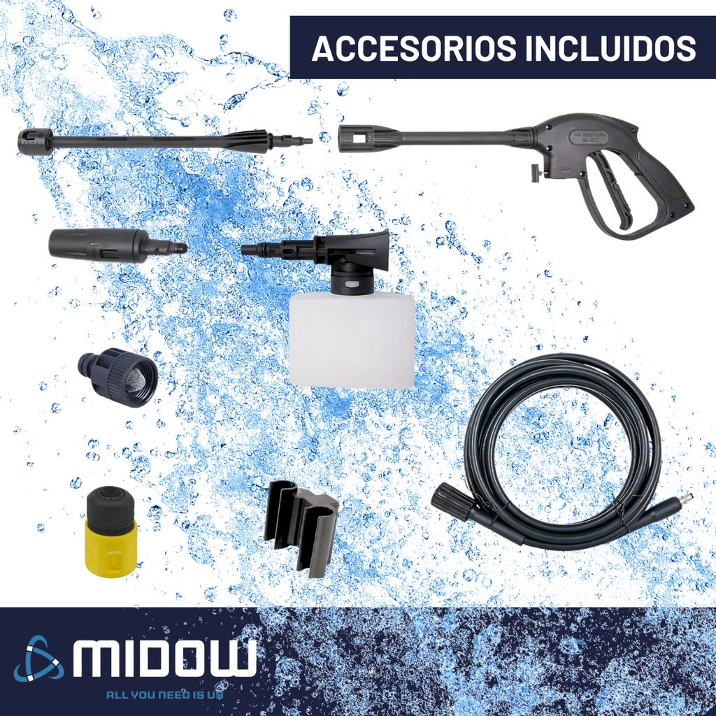 Hidrolavadora Midow 1300w 105 Bar Caudal 360 L/h Accesorios
