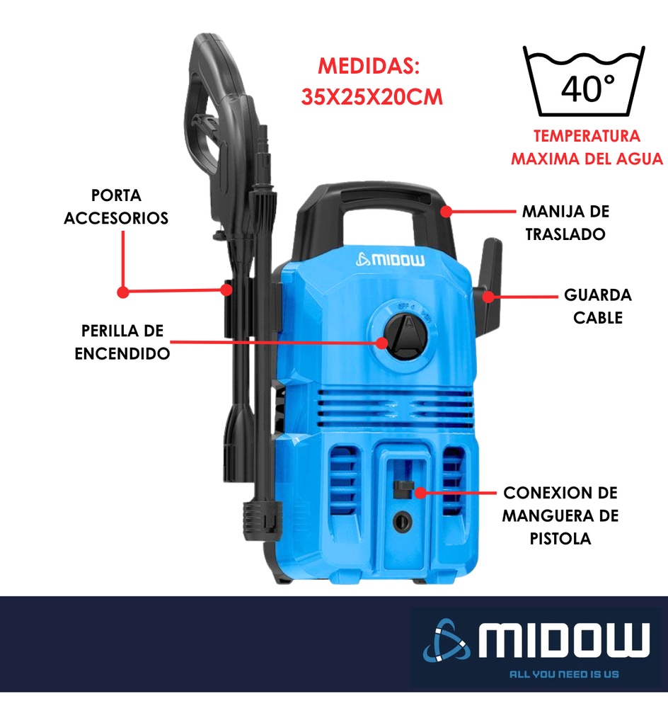 Hidrolavadora Midow 1300w 105 Bar Caudal 360 L/h Accesorios