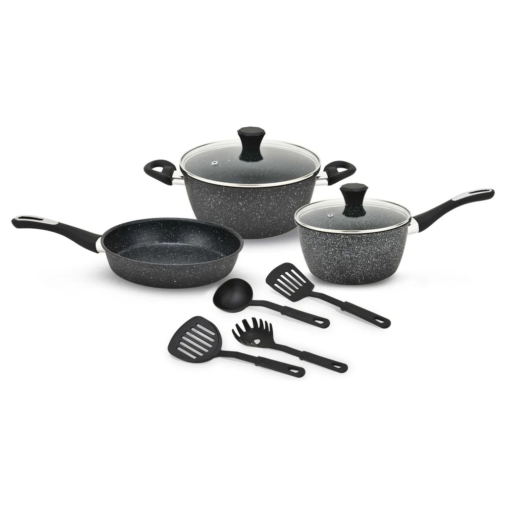 Bateria De Cocina Kanji Gourmet 9 Piezas Antiadherente Mármol Negro 