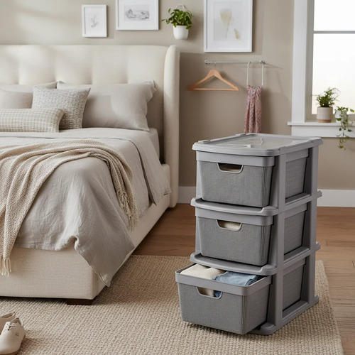 Cajonera Organizador Gavetero 3 Niveles Simil Ratan Gris