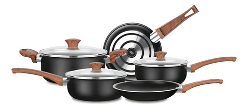 [7162] Batería Cocina Cacerola Aluminio X 5 Pzas Negro Cerámica Mta